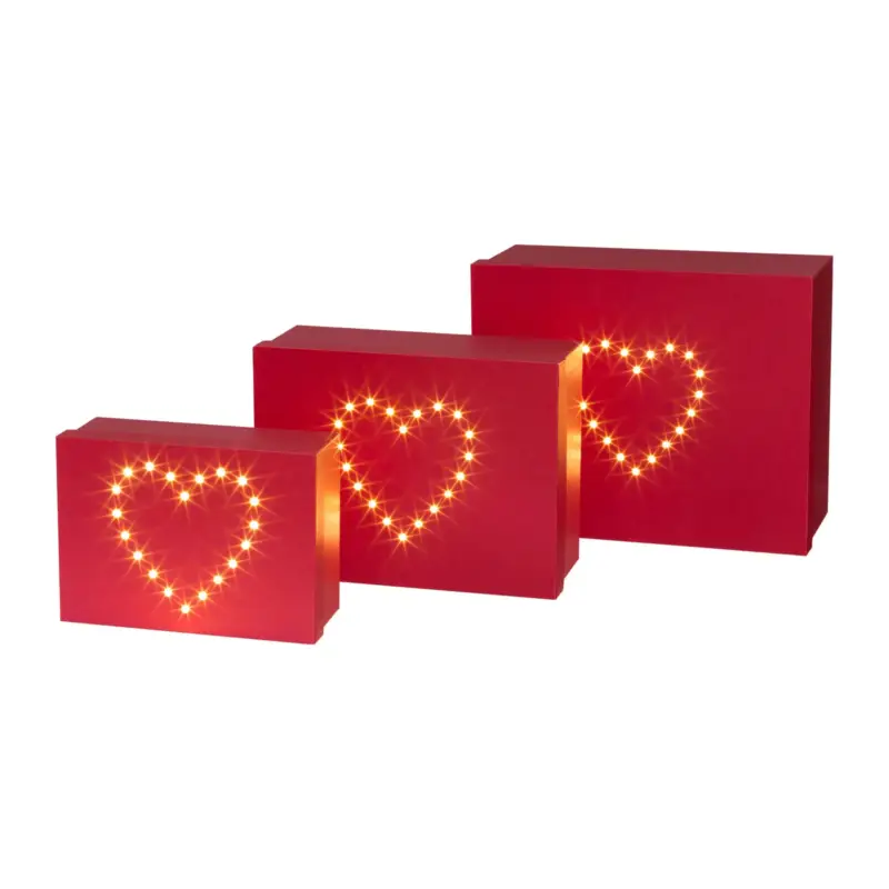 Geschenkboxen mit LED Herz, rot, 3er-Set Knallerangebot