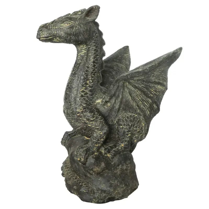 Drache auf Felsen sitzend, grau, Steinguss, 58 x 42 x 33 cm Top-Seller