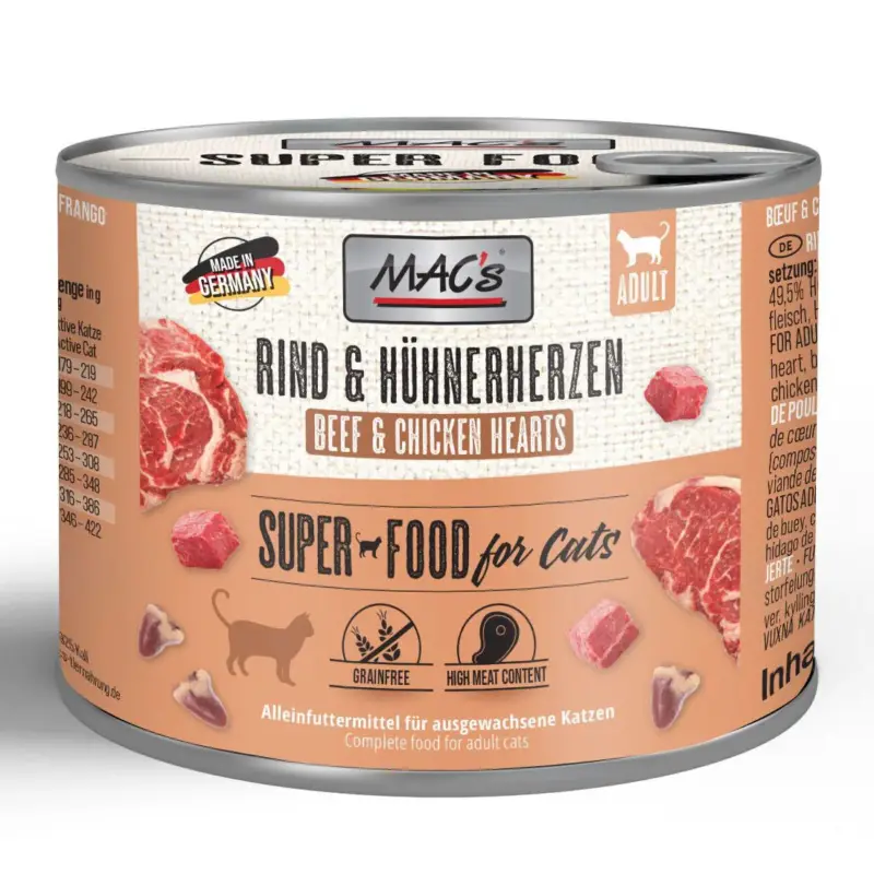 Abverkauf Katzennassfutter MAC’s Cat Dose, Rind und Hühnerherzen, 200 g