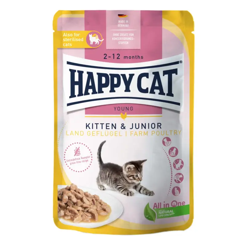 Neu Nassfutter, Happy Cat PB Kitten und Junior, Geflügel in Soße, 85 g
