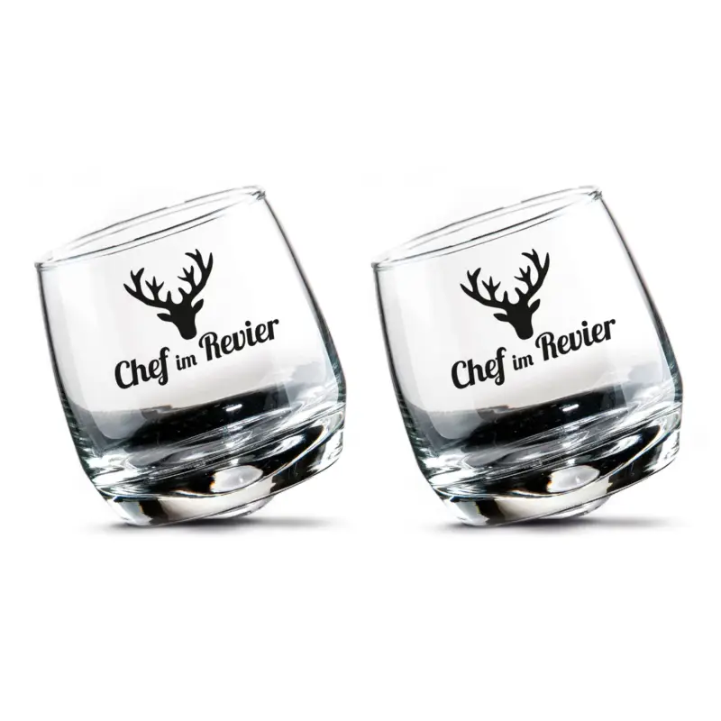 Geprüft Wackelgläser "Chef im Revier", ca. Ø 7,5 x H 8,5 cm, 2 Stück
