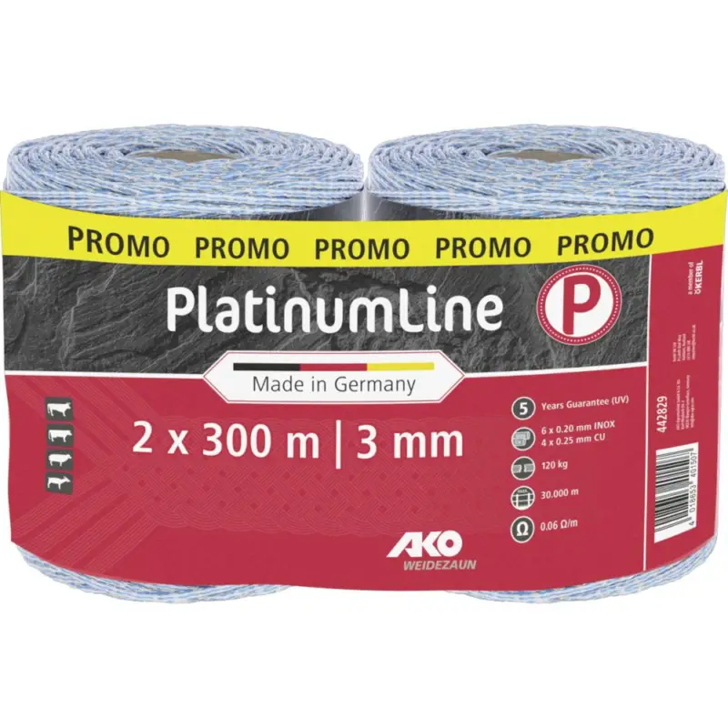 Expressversand Weidezaunlitze PlatinumLine | 2 x 300 m x 3 mm - Doppelpack | weiß - blau | AKO