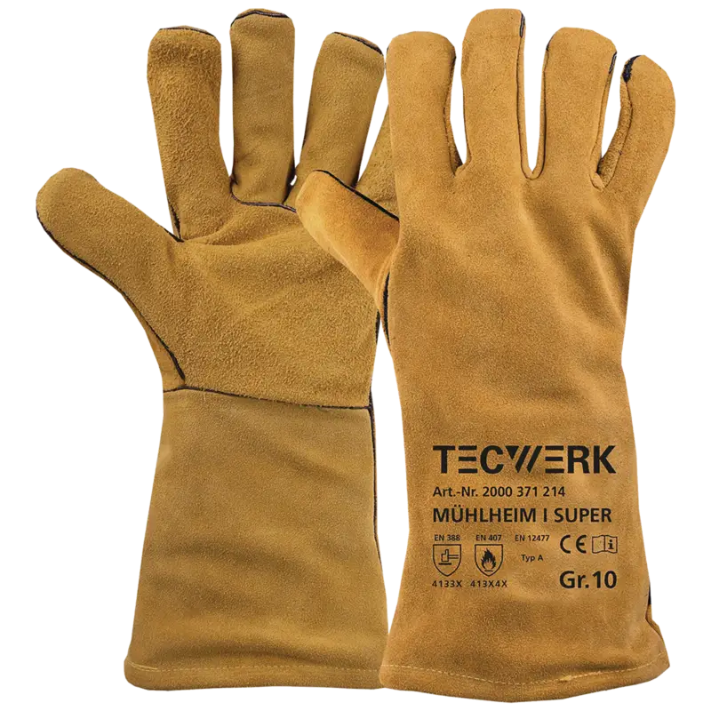 Finale Aktion TecwerkSchweißerhandschuhe Mühlheim I Super Größe 10 gelb Rindspaltleder EN 388, EN 12477 Kategorie II