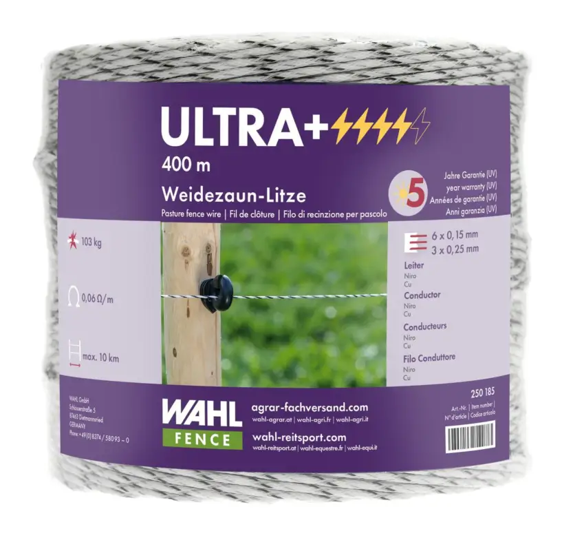 WAHL-FENCE Weidezaunlitze - ULTRA+ - 3 mm / 400 m Versand Am Gleichen Tag