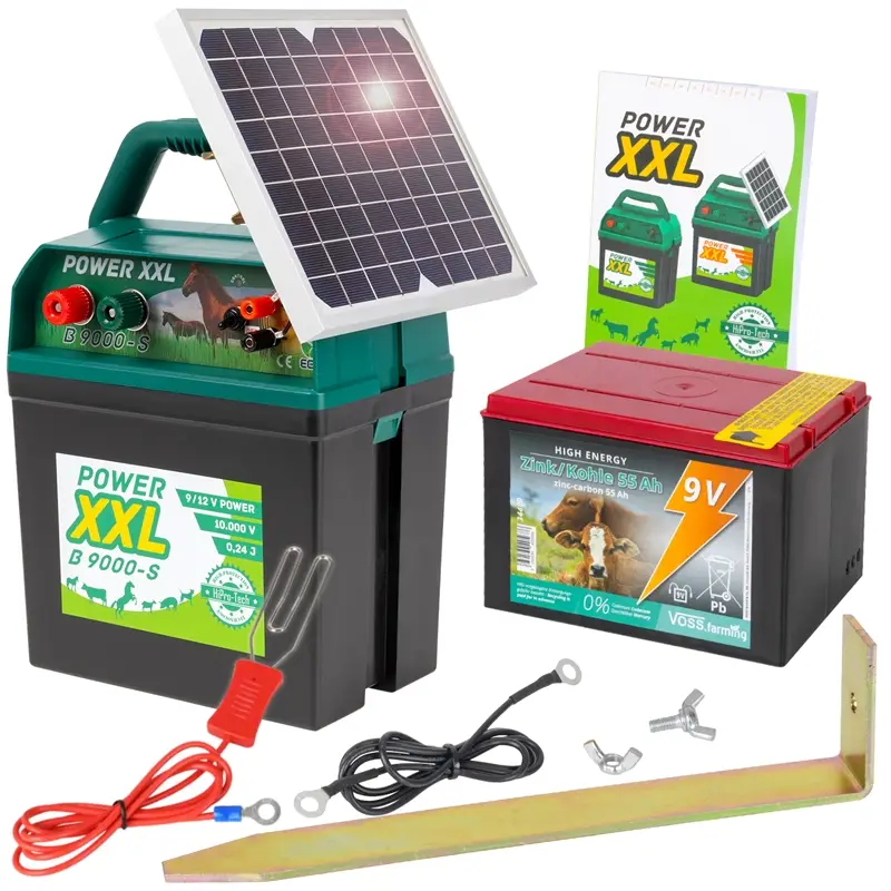 Zertifiziert Weidezaungerät 9V "Power XXL B 9000-S" + 5W SOLAR + Batterie