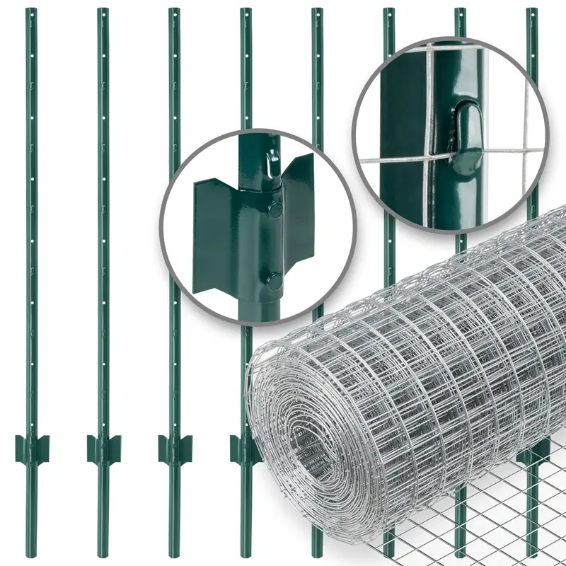 VOSS.farming Gartenzaun-SET: Volierendraht 10mx100cm + 8x Metall Zaunpfosten Zertifiziert