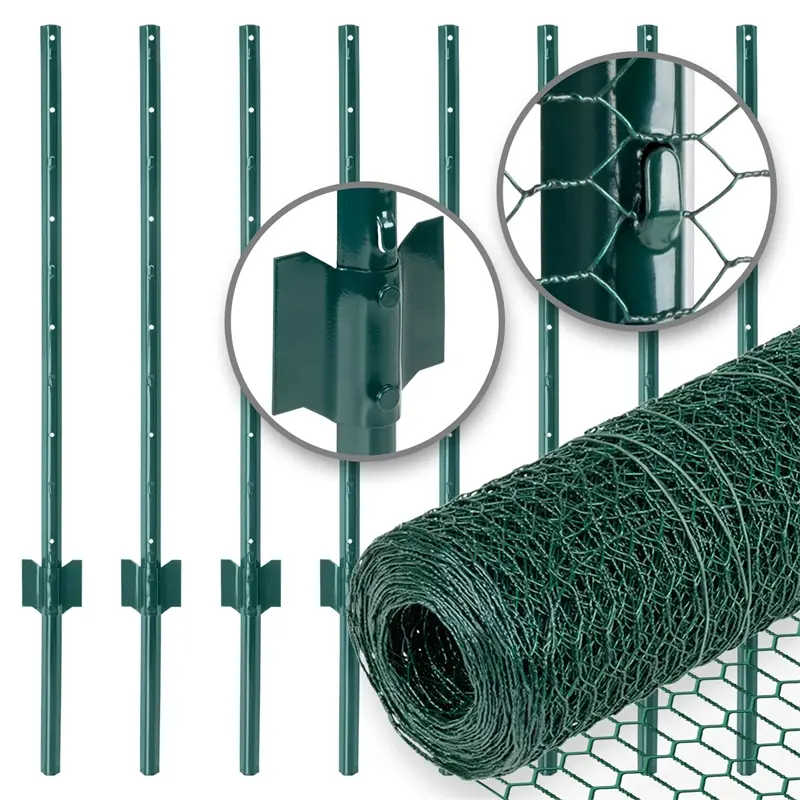 VOSS.farming Gartenzaun-SET: Sechseckgeflecht 10mx75cm, grün + 8x Metall Zaunpfosten Sichere Zahlung