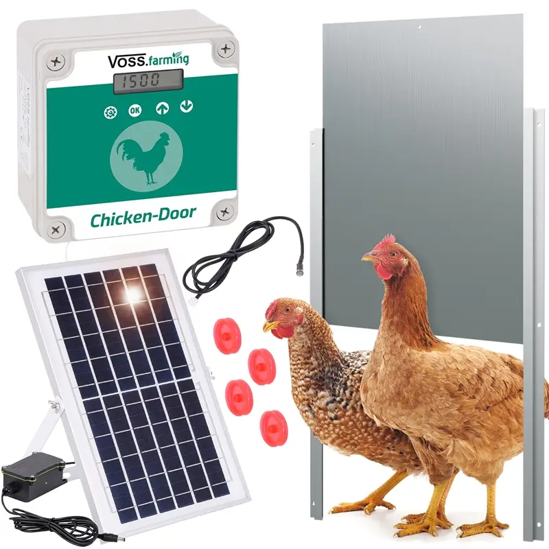 Neu Im Sortiment SET VOSS.farming Chicken-Door + Hühnerklappe, Alu 300 x 400mm + Solar-Akku