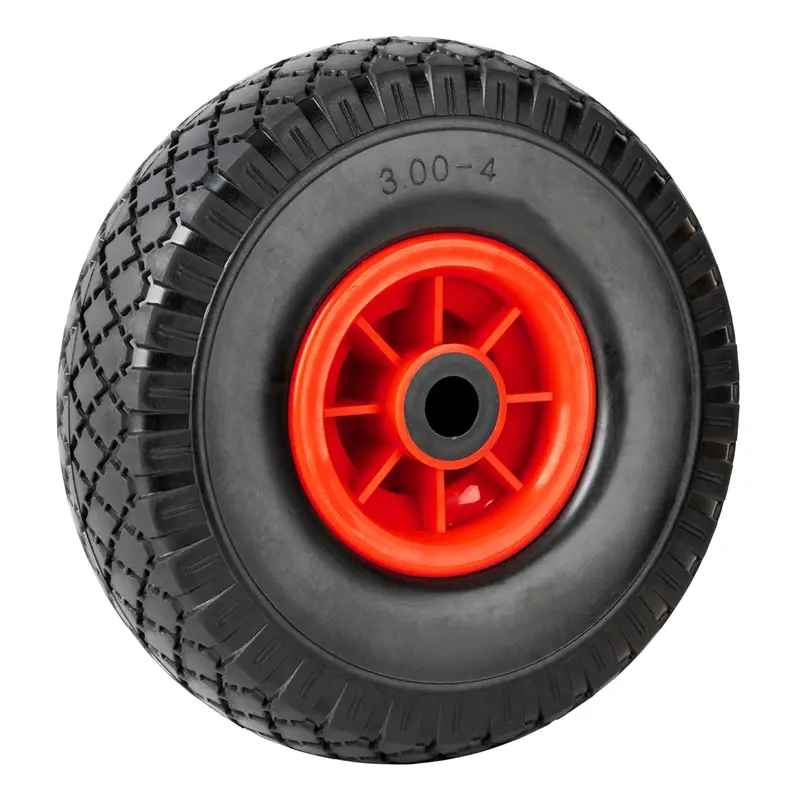 Günstig PU-Rad mit Kunststofffelge 3.00-4 schwarz-rot, Sackkarrenrad, Ersatzrad, pannensicher