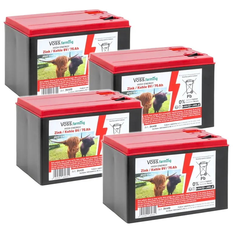 Neu Im Sortiment 4x VOSS.farming "ZINK KOHLE 75Ah" - 9V Weidezaunbatterie, mittel, SPARPACK!