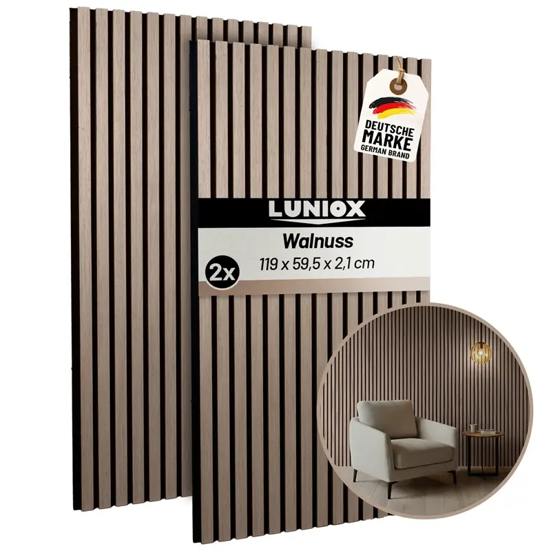 Finale Aktion 2x LUNIOX Akustikpaneele Walnuss, 119x59,5x2,1cm, Wandpaneele, Schallabsorber, Wandverkleidung