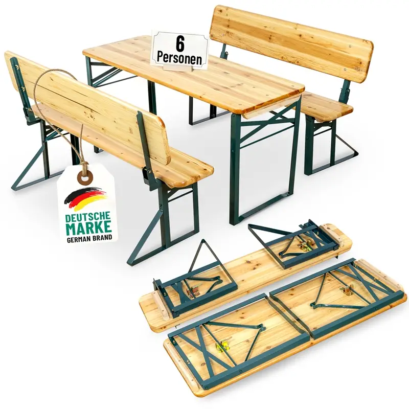 VOSS.garden Bierzeltgarnitur mit Rückenlehne 110cm, 1x Tisch + 2x Bänke, klappbar, Holz Zertifiziert