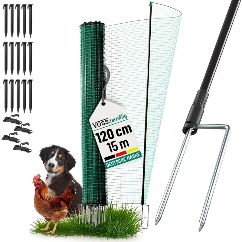Solange Der Vorrat Reicht VOSS.farming classic 15m, Begrenzungszaun, Schutznetz, 120cm, 9 Pfähle, 2 Spitzen, grün, ohne Strom