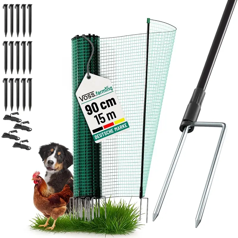 VOSS.farming classic 15m, Begrenzungszaun, Schutznetz, 90cm, 9 Pfähle, 2 Spitzen, grün, ohne Strom Preisreduziert