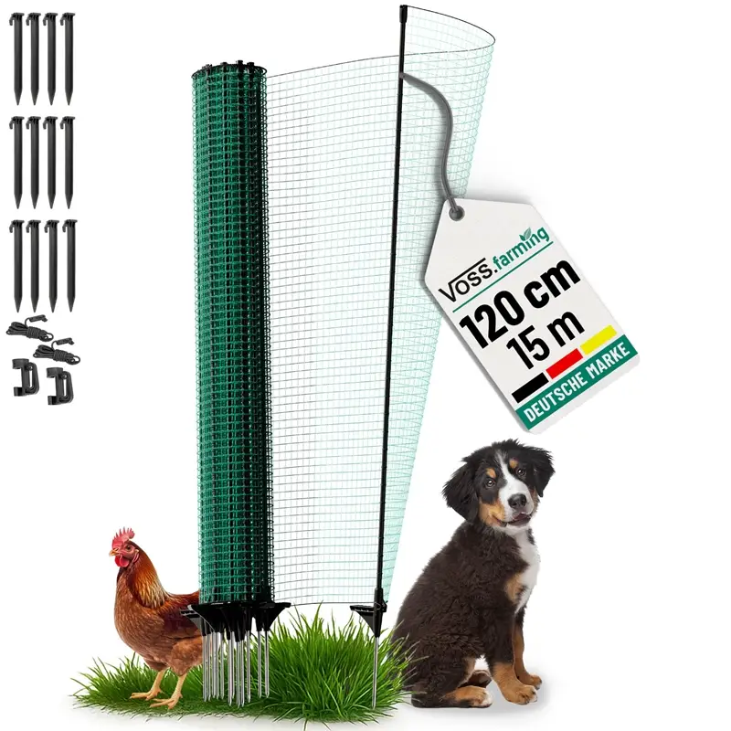 VOSS.farming classic 15m, Begrenzungszaun, Schutznetz, 120cm, 9 Pfähle, 1 Spitze, grün, ohne Strom Preisknaller