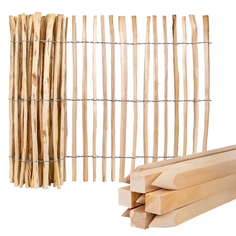 Billig SPARSET 5m VOSS.garden Premium Staketenzaun 120cm aus Haselnuss, 3-4cm, mit 9 Buchenpfählen 150cm