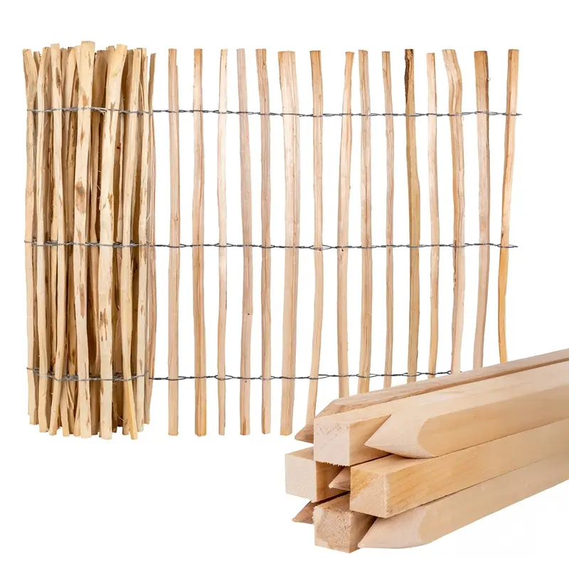SPARSET 5m VOSS.garden Premium Staketenzaun 100cm aus Haselnuss, 3-4cm, mit 9 Buchenpfählen 130cm Geprüft