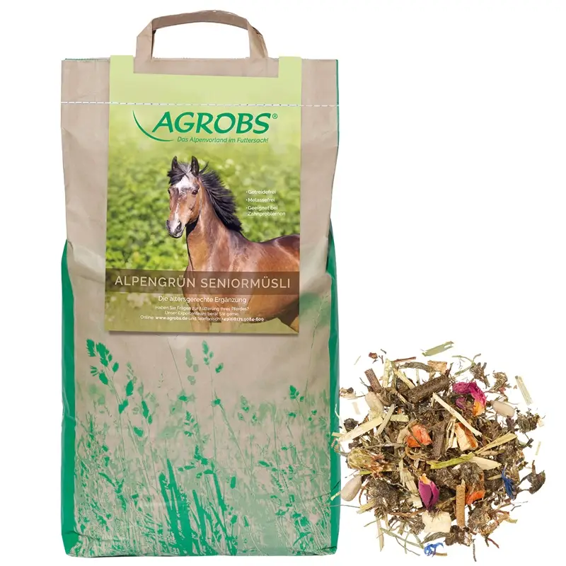 Bestseller Agrobs AlpenGrün Seniormüsli 4kg - Getreidefreies Ergänzungsfutter für ältere Pferde
