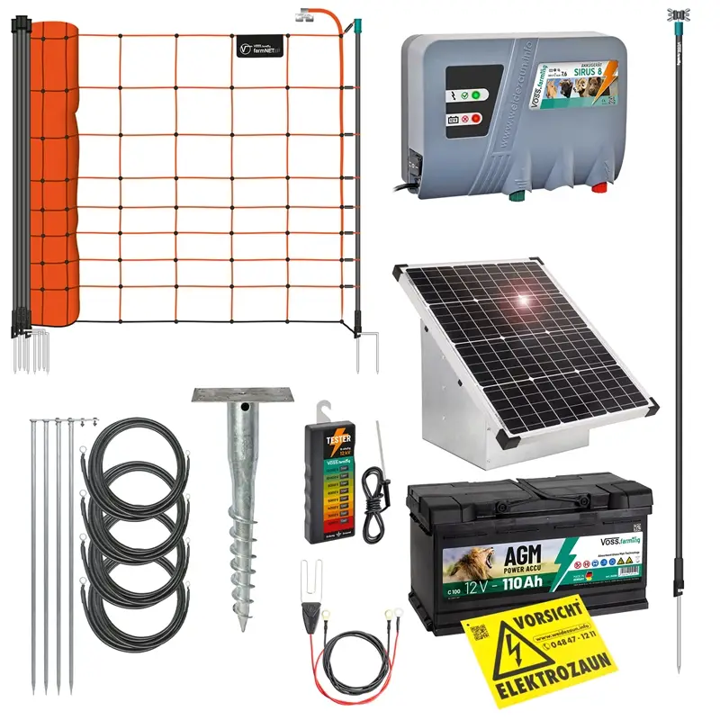 Must-Have VOSS.farming Schafzaun-Set für 500m, inkl. 55W Solarsystem SIRUS 8 und Schafnetz 108cm