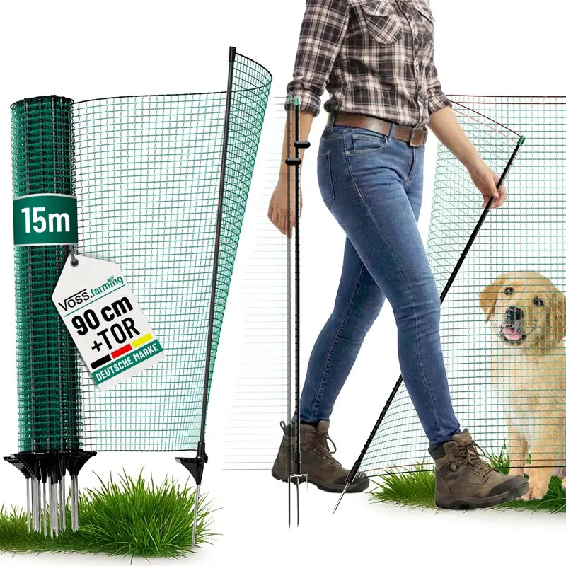 Nur Heute VOSS.farming classic 15m, Begrenzungszaun mit Tür, 90cm, 9 Pfähle, 1 Spitze, grün, ohne Strom