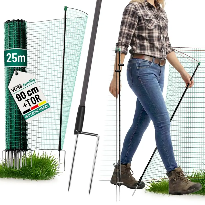 Meistverkauft VOSS.farming classic 25m, Begrenzungszaun mit Tür, 90cm, 15 Pfähle, 2 Spitzen, grün, ohne Strom