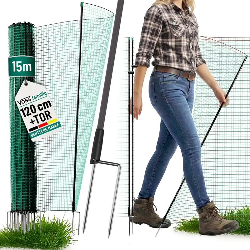 Begrenztes Angebot VOSS.farming classic 15m, Begrenzungszaun mit Tür, 120cm, 9 Pfähle, 2 Spitzen, grün, ohne Strom
