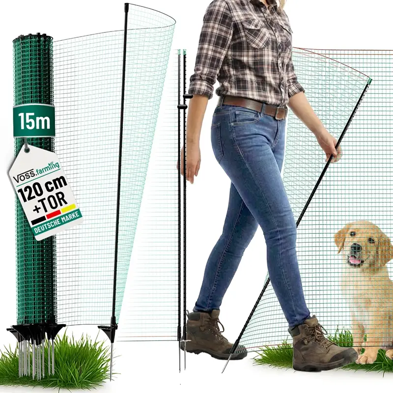 VOSS.farming classic 15m, Begrenzungszaun mit Tür, 120cm, 9 Pfähle, 1 Spitze, grün, ohne Strom Direkt Vom Hersteller